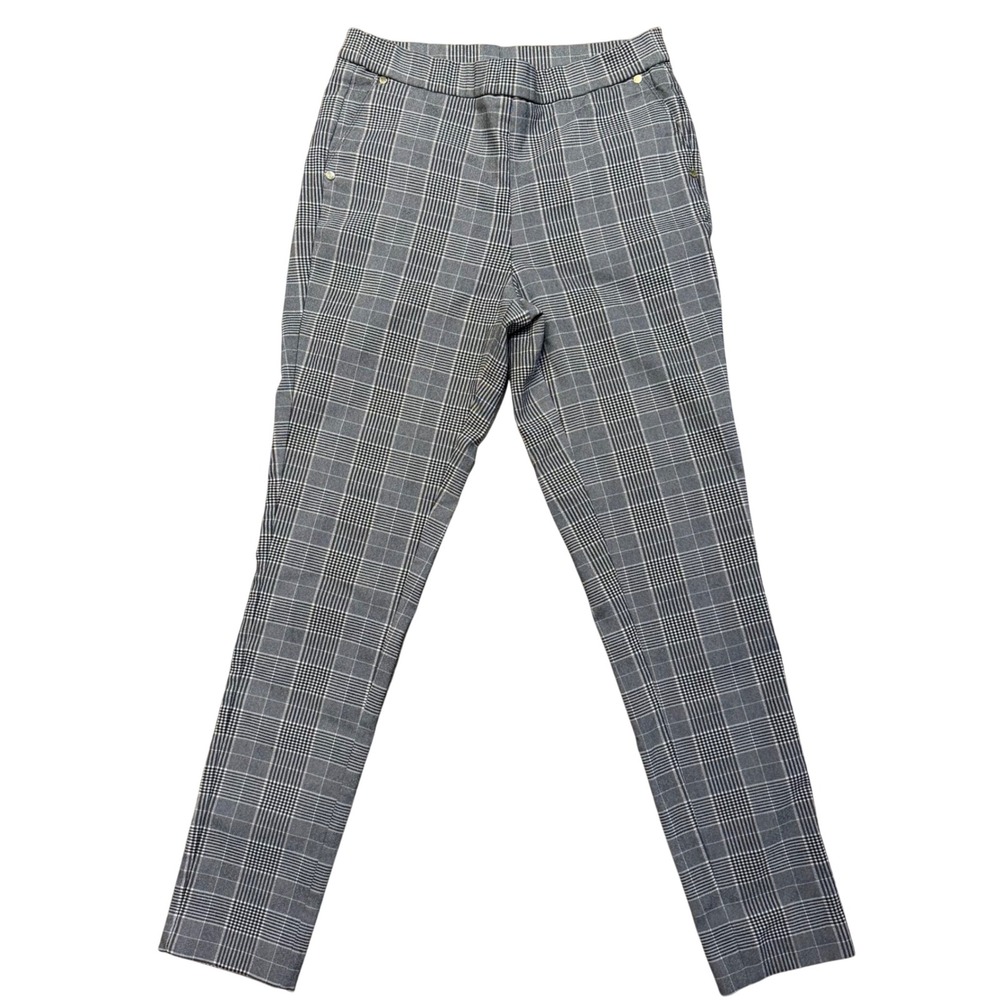 Anne Klein Womens Plaid Career Pants Size Small Gray White Brown Stretch